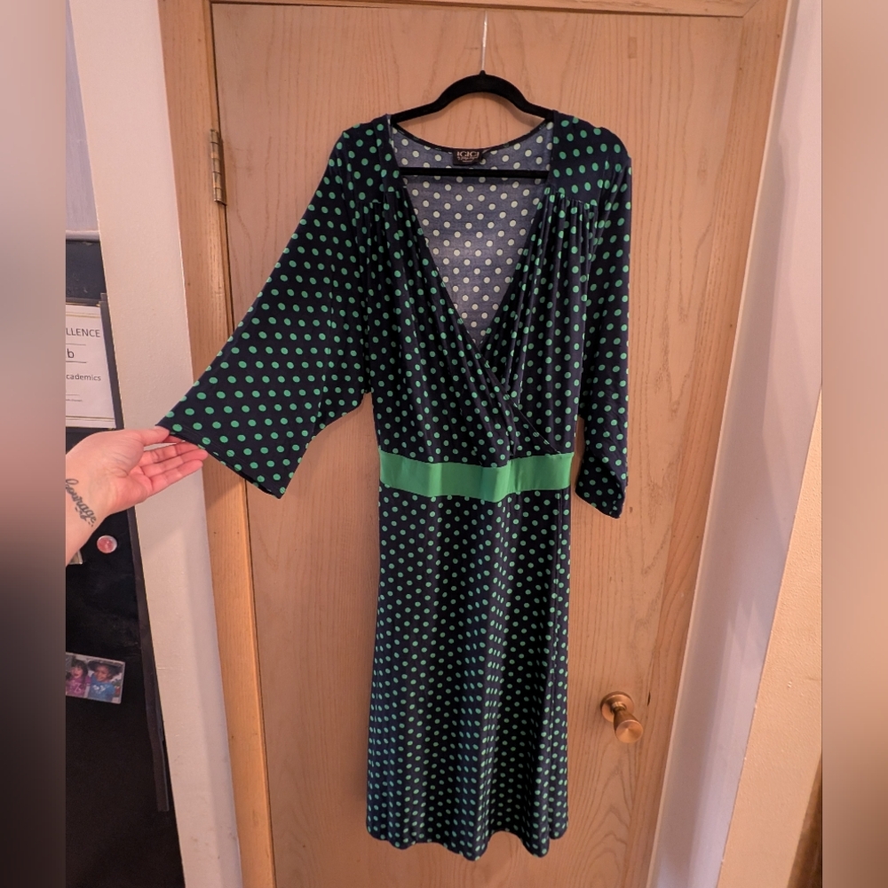 Igigi Polka Dot Faux Wrap Dress in Green and Navy